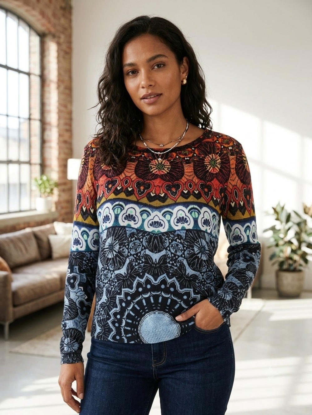 Desigual Boho Mandala Split Back Lightweight Knit Sweater S